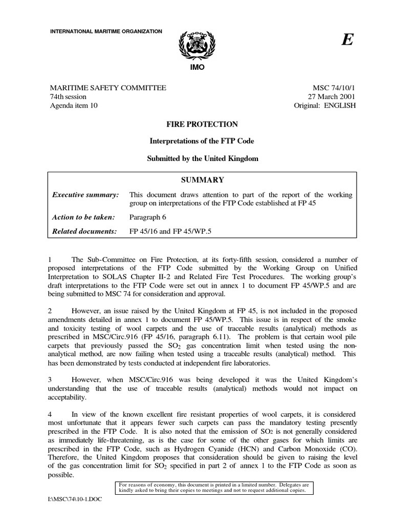 MSC 74-10-1 - Interpretations of The FTP Code (United Kingdom) | PDF