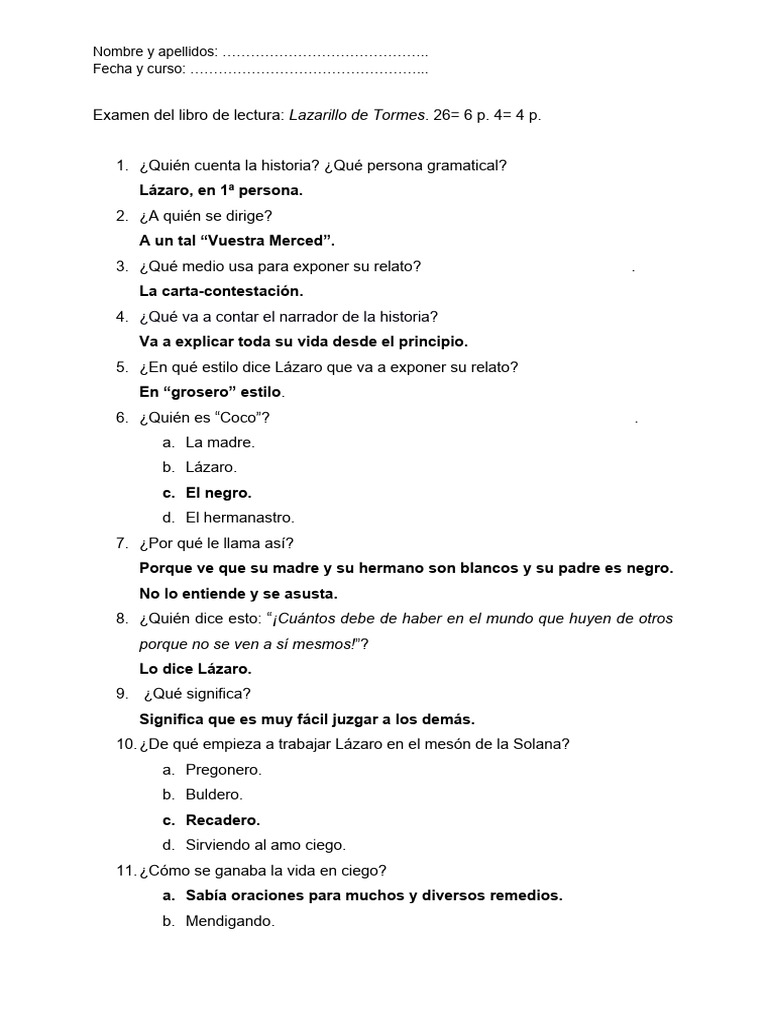 Examen de Lazarillo de Tormes 3º ESO | PDF