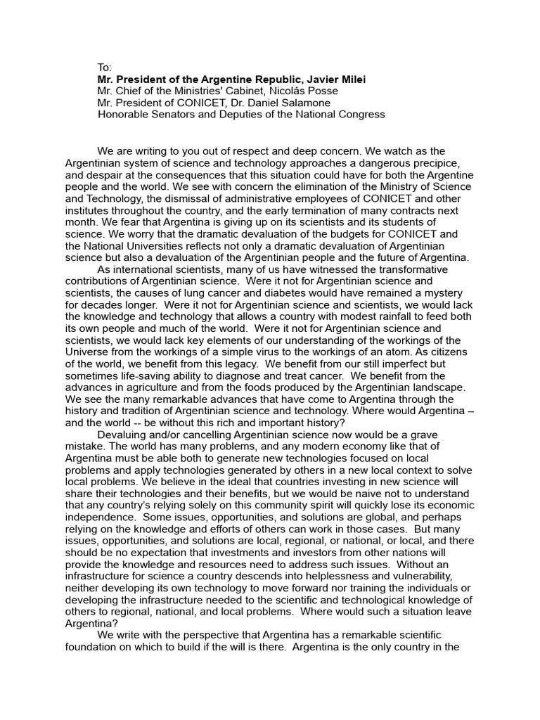 Carta al presidente Javier Milei | PDF | Science | Argentina