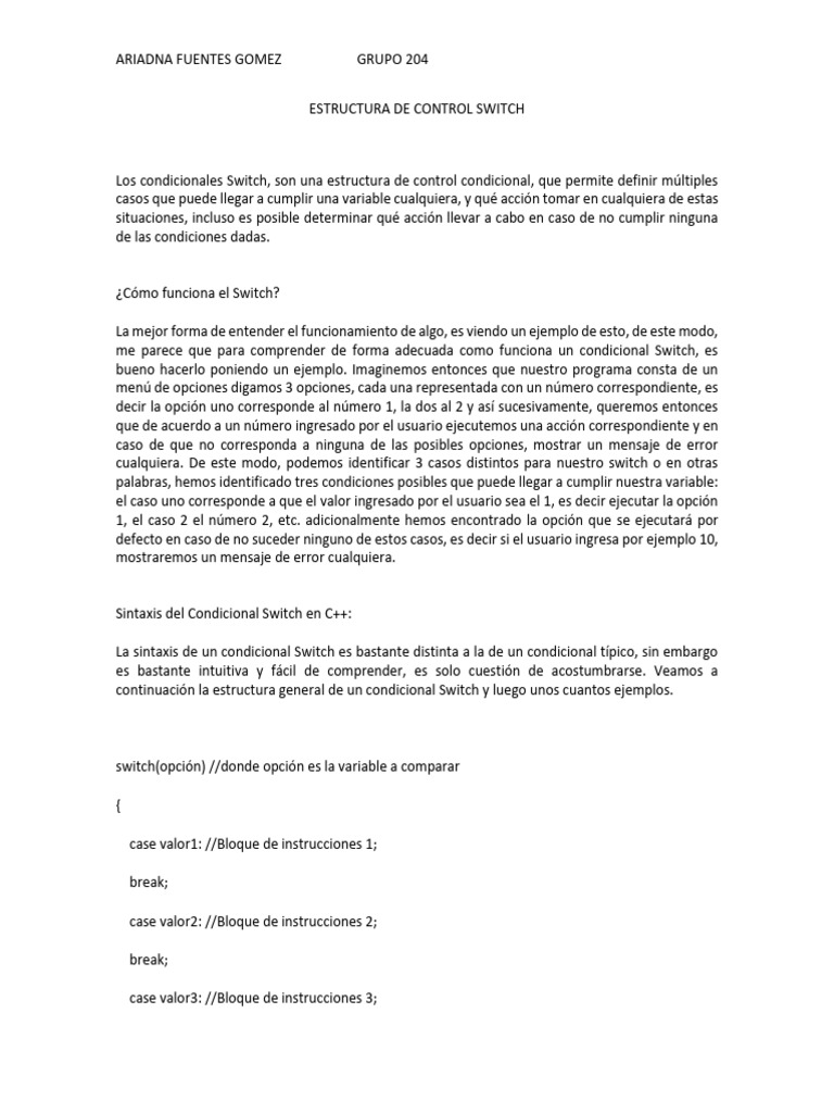 Estructura de Control Switch en C++ | PDF | C ++ | Desarrollo de software