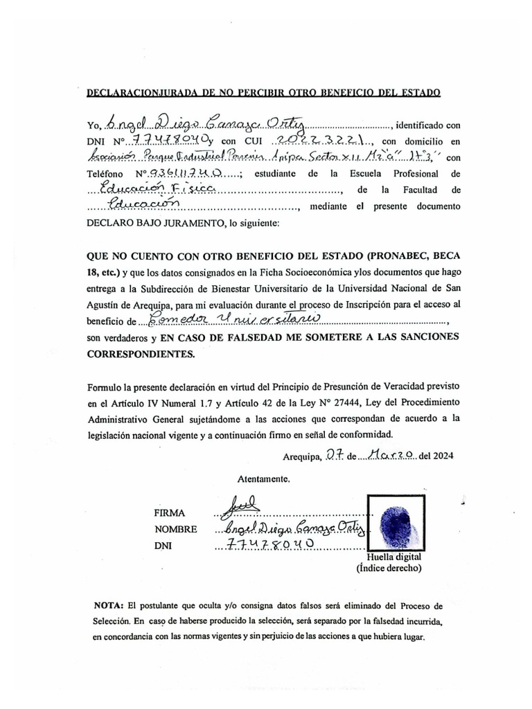 Declaracion Jurada de No Percibir Beneficios Del Estado | PDF