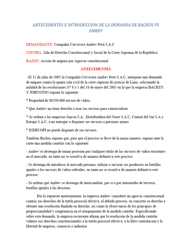 Resumen caso backus vs ambev completo pdf mandato debido al proceso