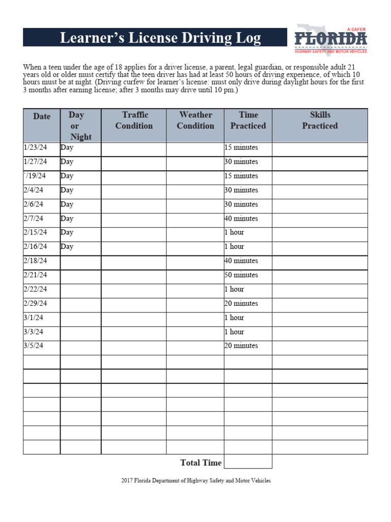 Florida Learner's License Log Template | PDF