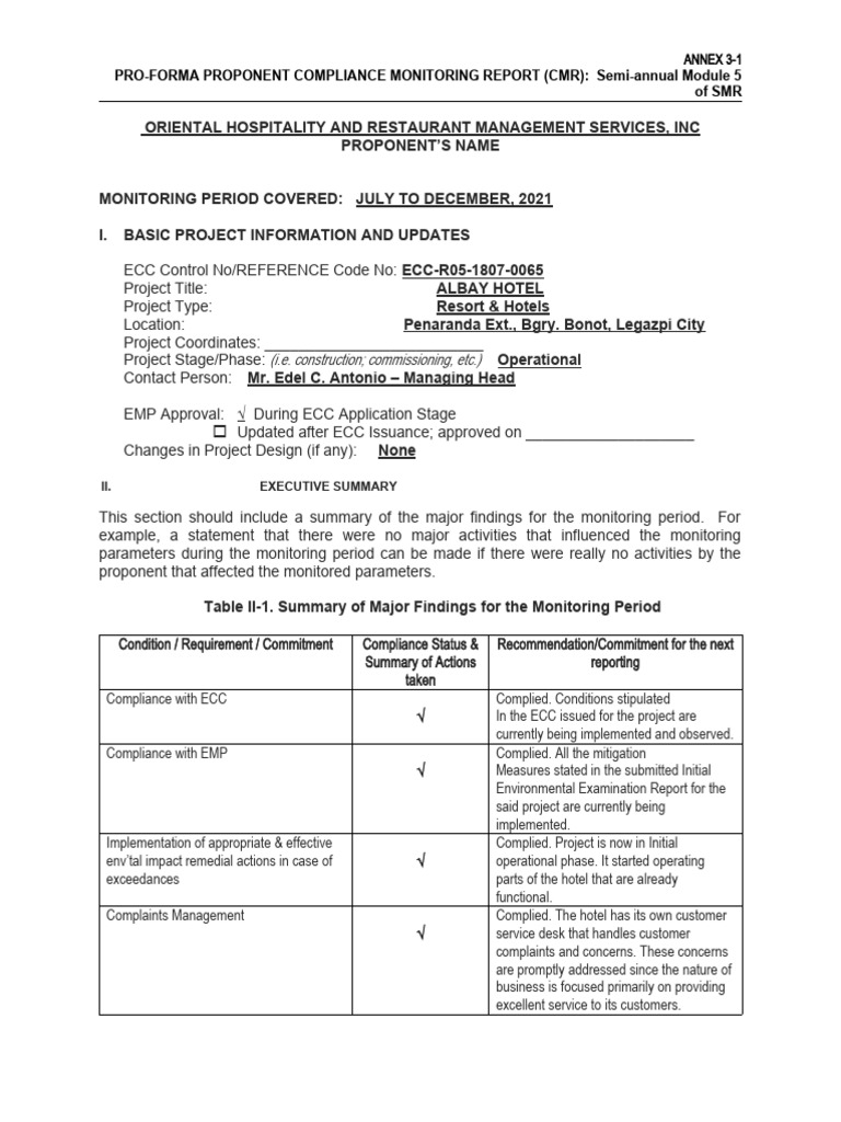 CMR Submission for Albay Hotel 2021 | PDF | Environmental Impact Assessment