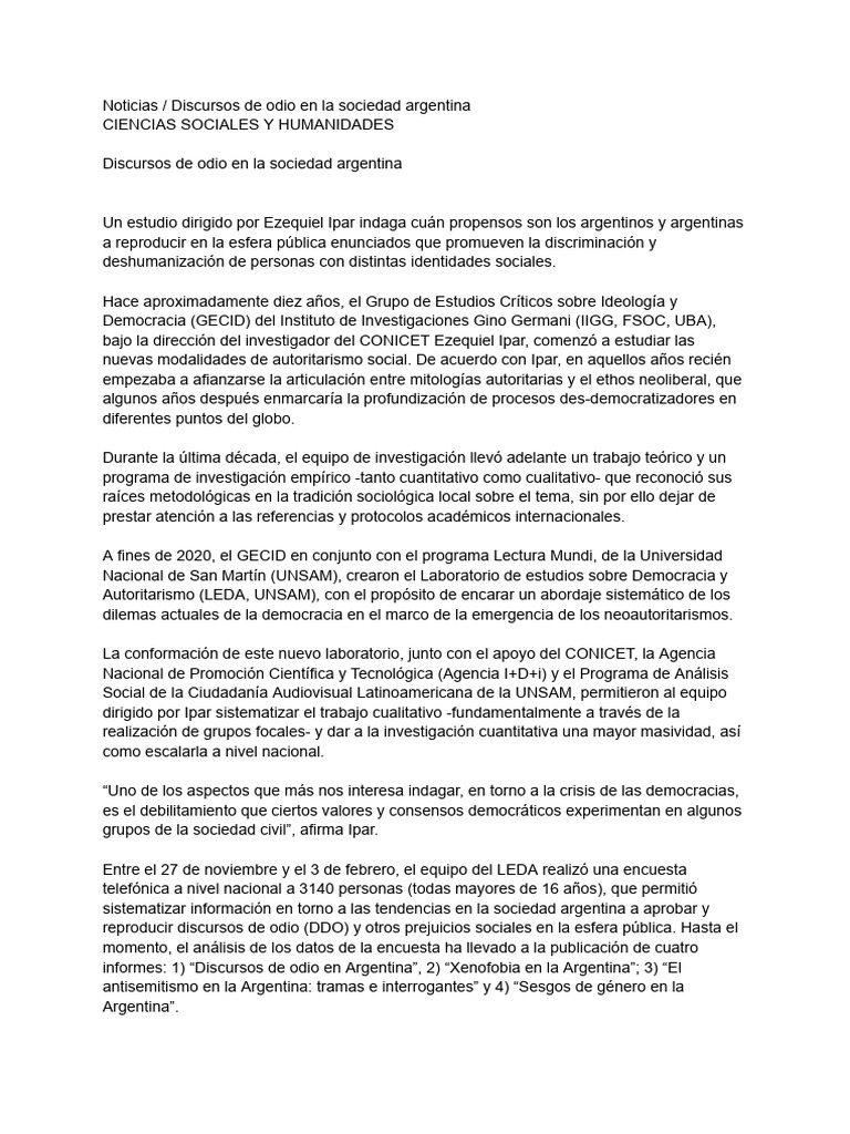 Noticias - Discursos de Odio en La Sociedad Argentina | PDF