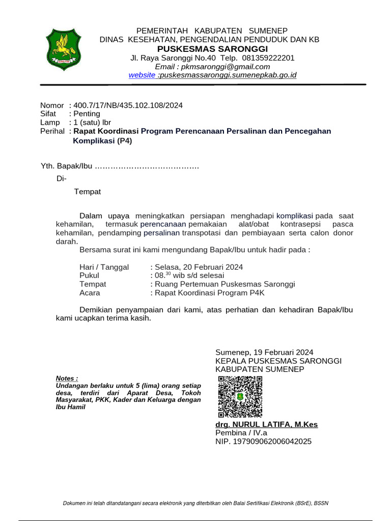 Undangan Rapat Koordinasi Program P4K - 20 Februari 2024 | PDF
