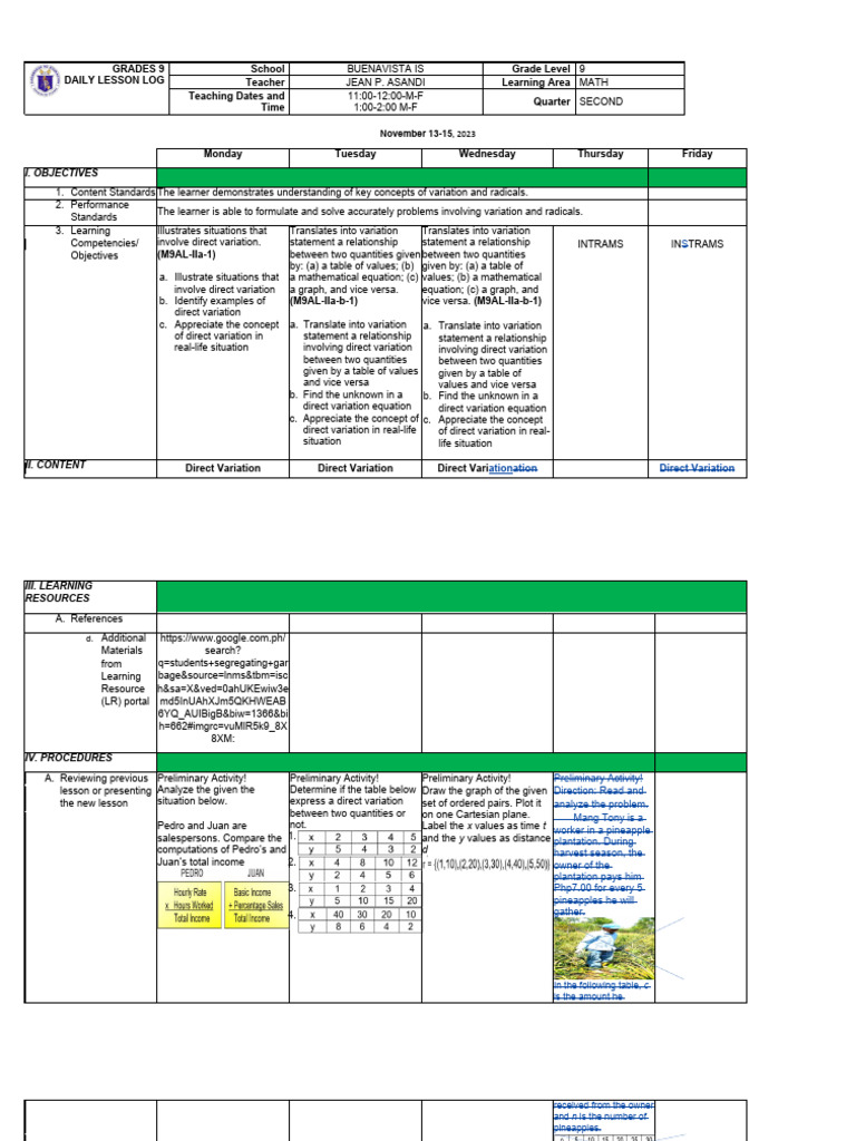Grades 9 Daily Lesson Log School Grade Level 9 Teacher Learning Area ...
