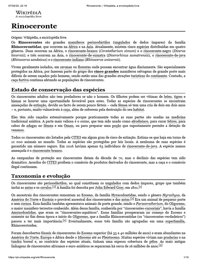 Rinocerontes: Espécies e Conservação | PDF | Rinoceronte | Perissodáctilos