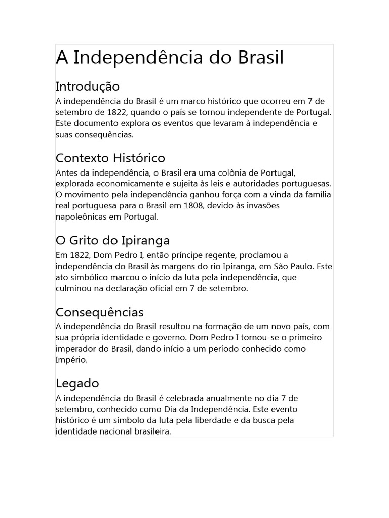 Resumo da Independência do Brasil | PDF | Turismo