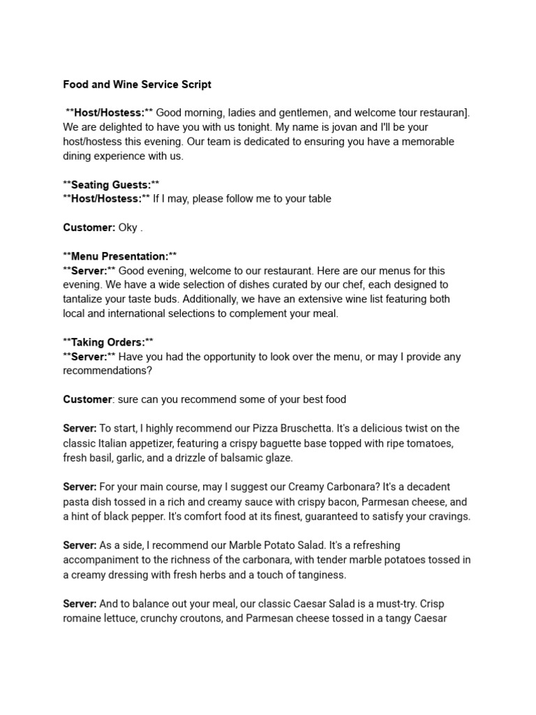 Food and Wine Service Script | PDF | Waiting Staff | Menu