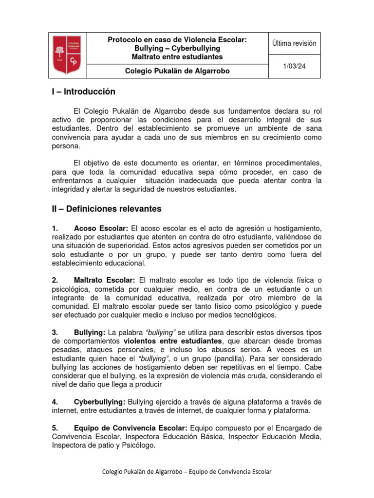 Protocolo Violencia Escolar | PDF | Acoso cibernético | Abuso infantil