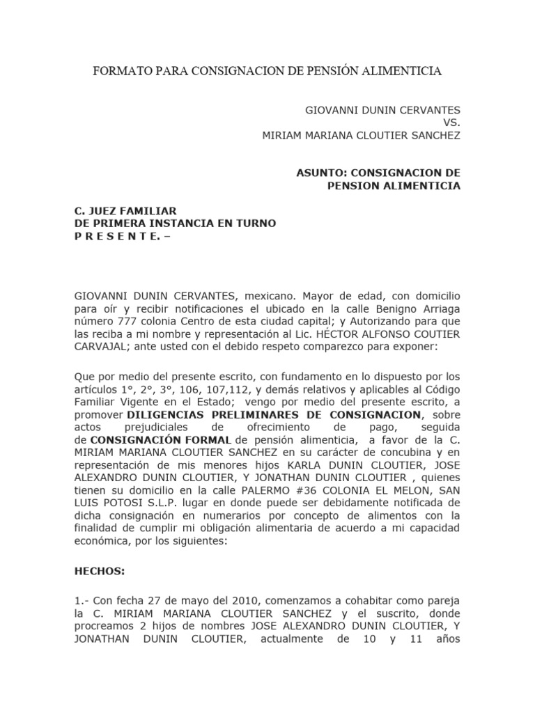 Formato para Consignacion Preliminar de Pensión Alimenticia | Descargar ...