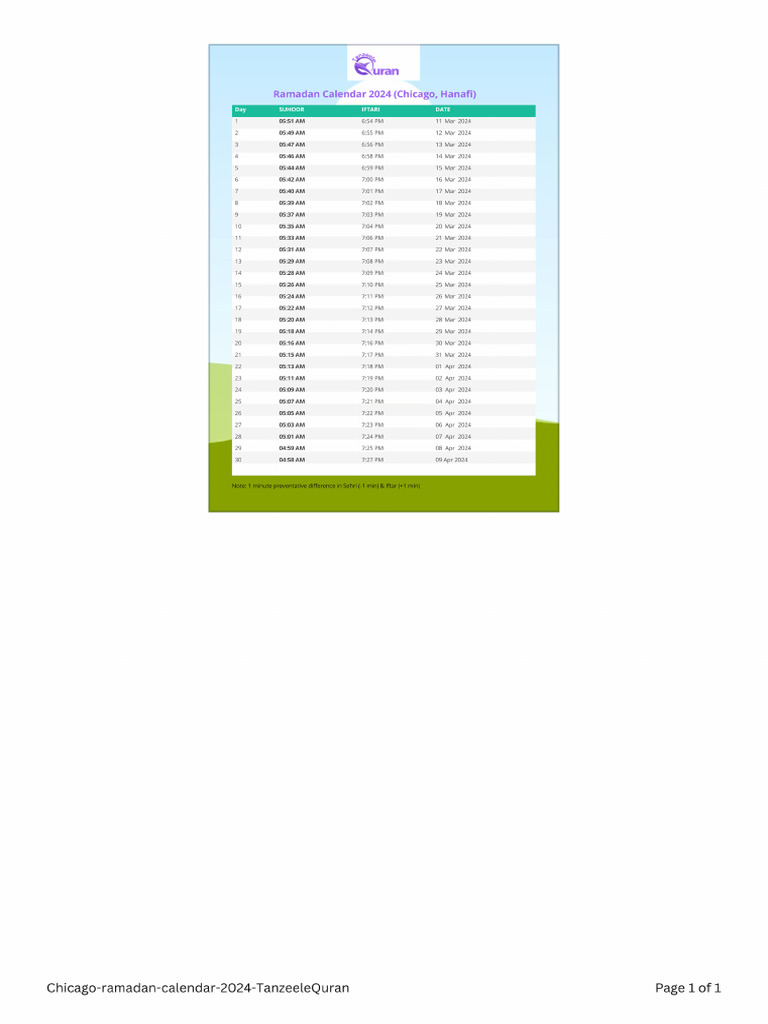 Chicago Ramadan Calendar 2024 TanzeeleQuran PDF