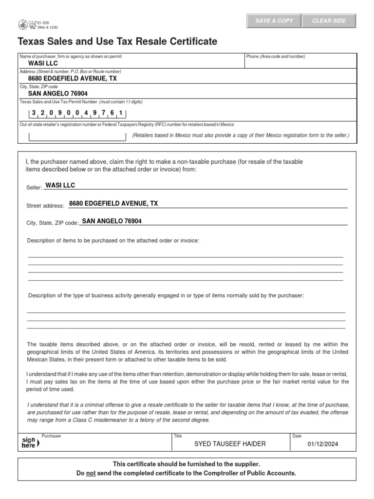 Texas resale certificate wasi llc pdf use tax taxes