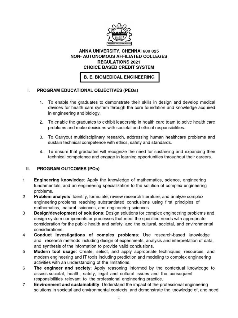 B.E. Biomedical Engineering Syllabus 2021 | PDF | Engineering ...