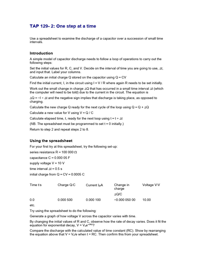 Capacitor Discharge Spreadsheet Guide | PDF | Capacitor | Spreadsheet
