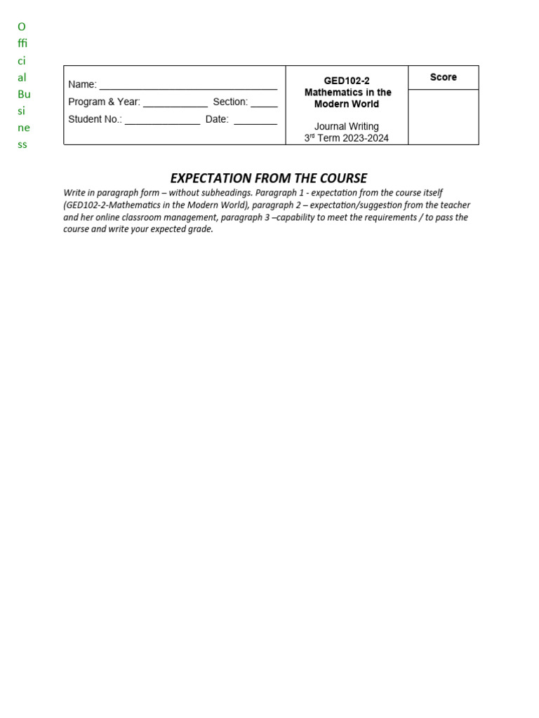 GED102-2 Course Expectations Journal | PDF | Career & Growth