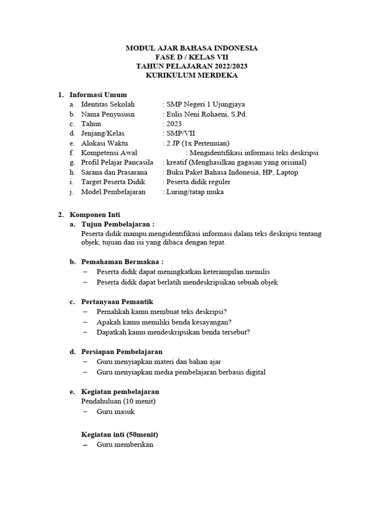 Modul Ajar Bahasa Indonesia Eulis | PDF | Karier & Perkembangan | Seni ...