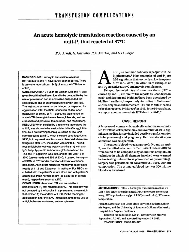 由抗P1引起的急性溶血性输血反应，在37摄氏度下反应。 | PDF | Anatomy | Pathology