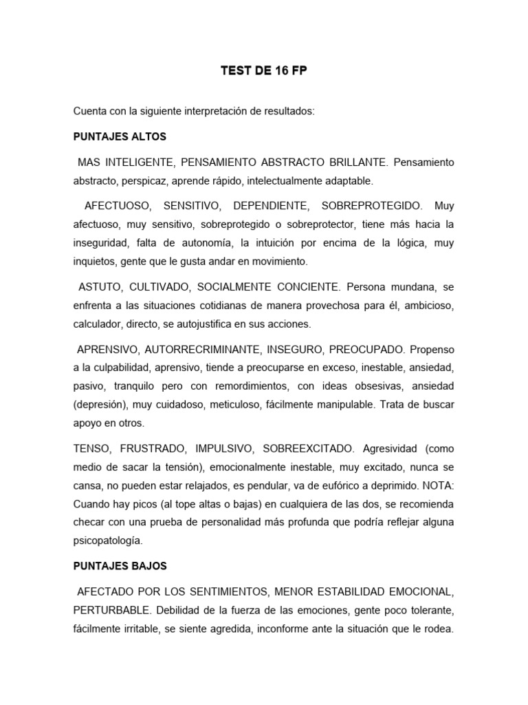 Análisis de Resultados del Test 16 FP | PDF | Relaciones personales ...