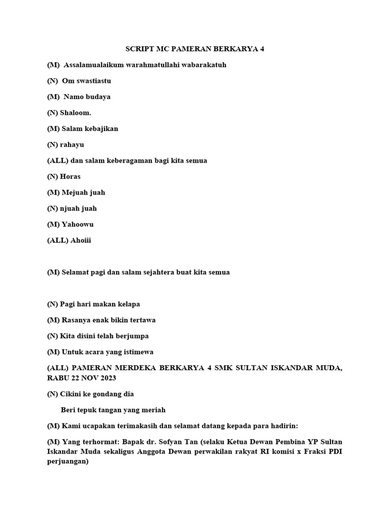 Script MC Pameran Berkarya 3 | PDF