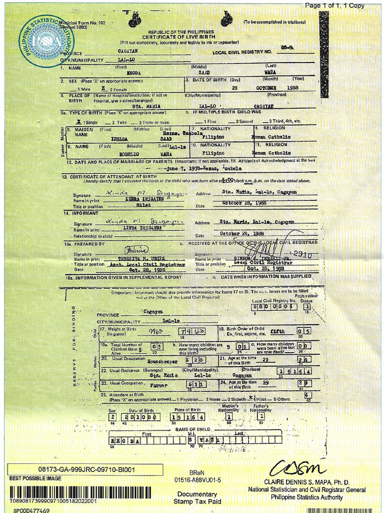 Birth Certificate Rhoda S Waña PDF