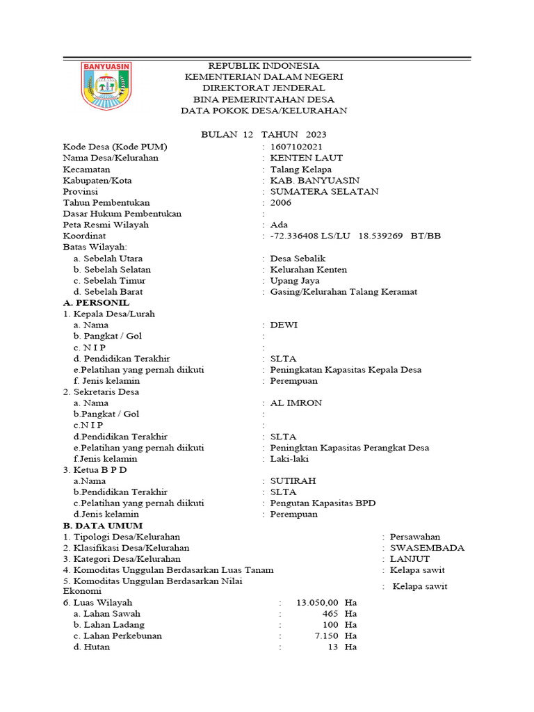 Data monografi desa kenten laut pdf