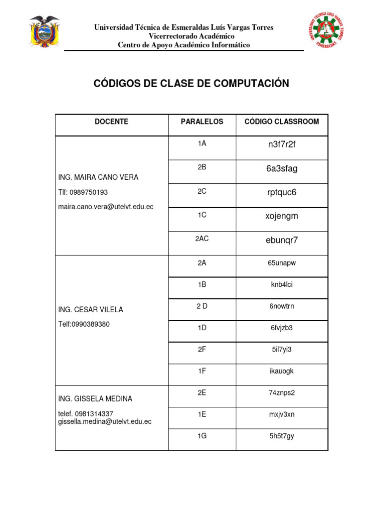 Códigos y Horarios de Clases UTELVT | PDF