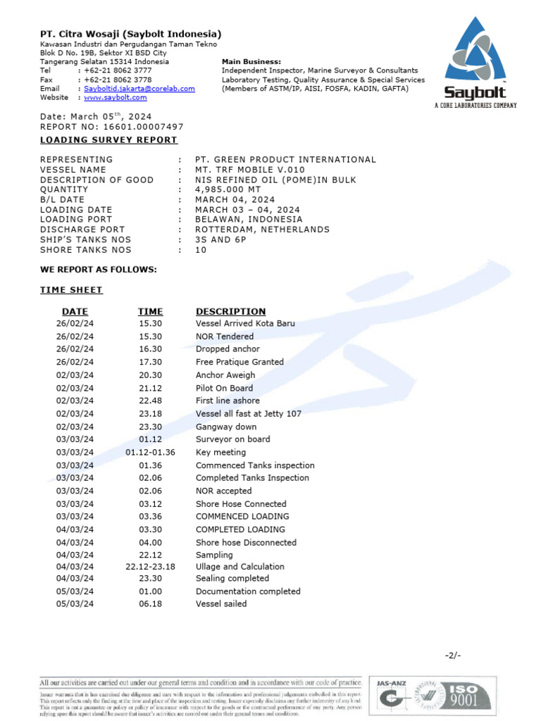 Marine Loading Survey Report | PDF | Port | Density