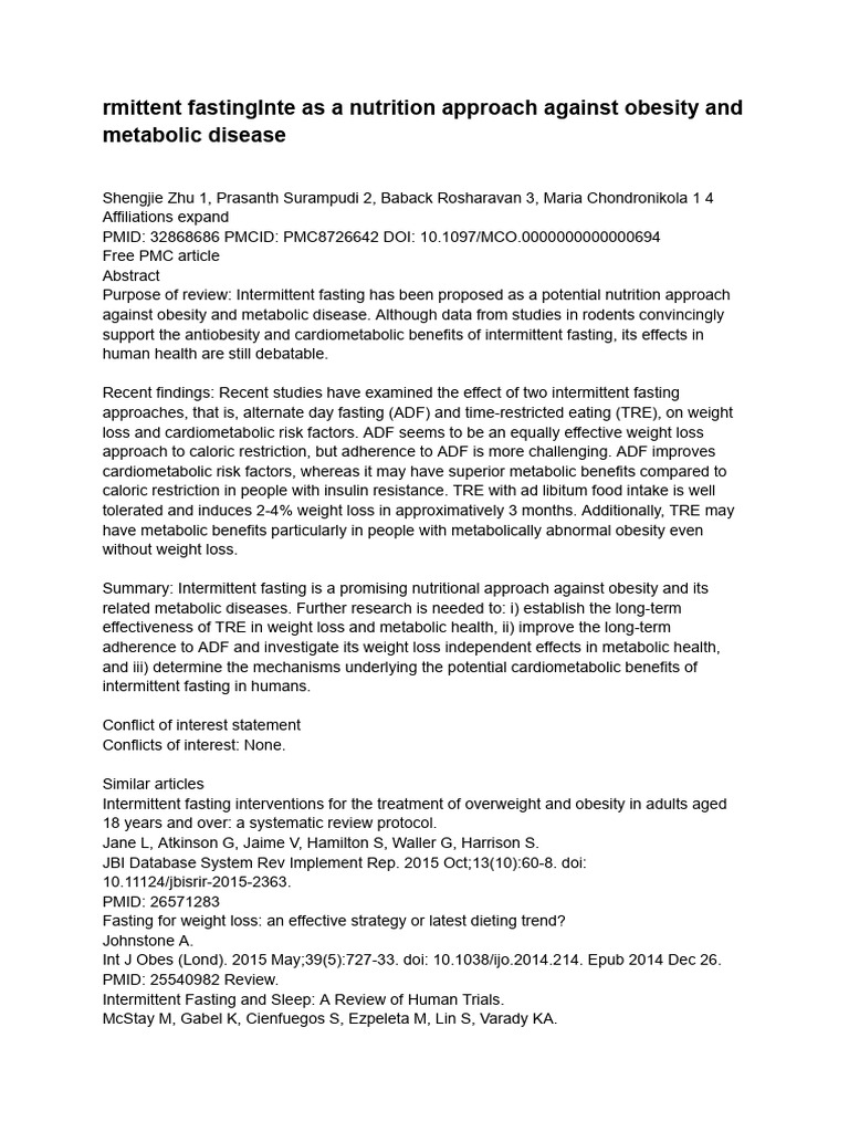 Intermittent Fasting for Obesity Management | PDF