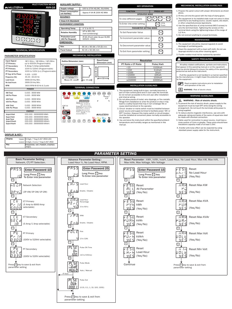AVH-16 Multi Function Meter Setup Guide | PDF