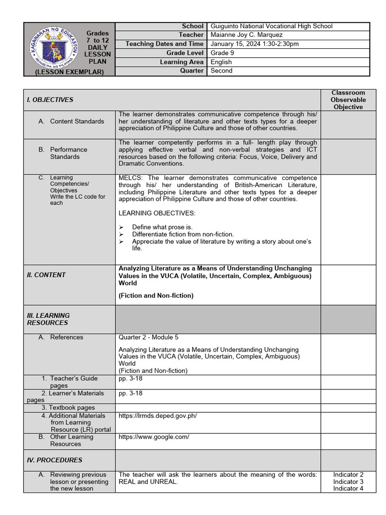 Grade 9 English Literature Lesson Plan | PDF | Learning | Teachers