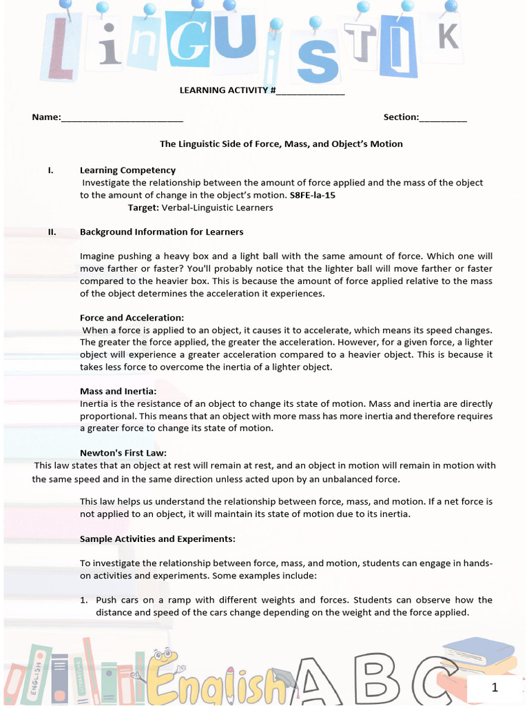Force, Mass, and Motion Activities Guide | PDF | Science & Mathematics ...
