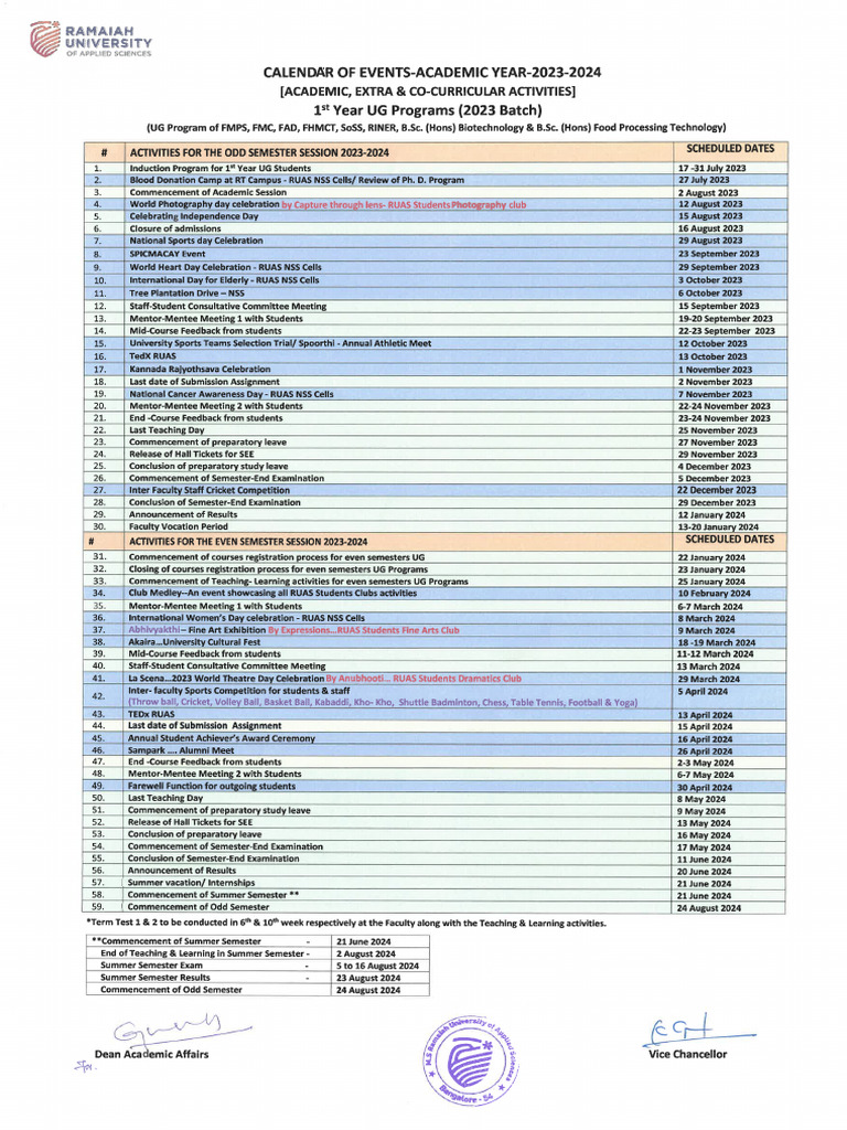 Academic Calendar For 1st Year UG 2023 | PDF