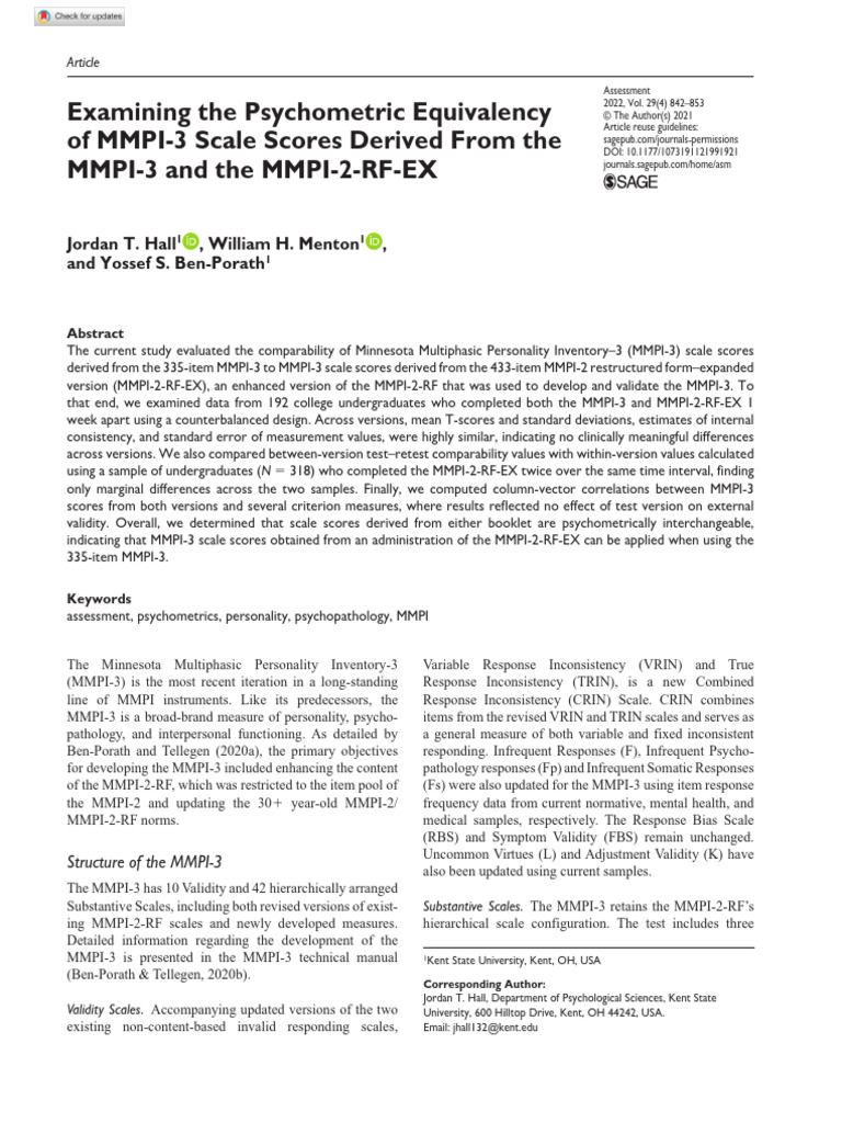 Hall Et Al 2021 Examining The Psychometric Equivalency of Mmpi 3 Scale ...