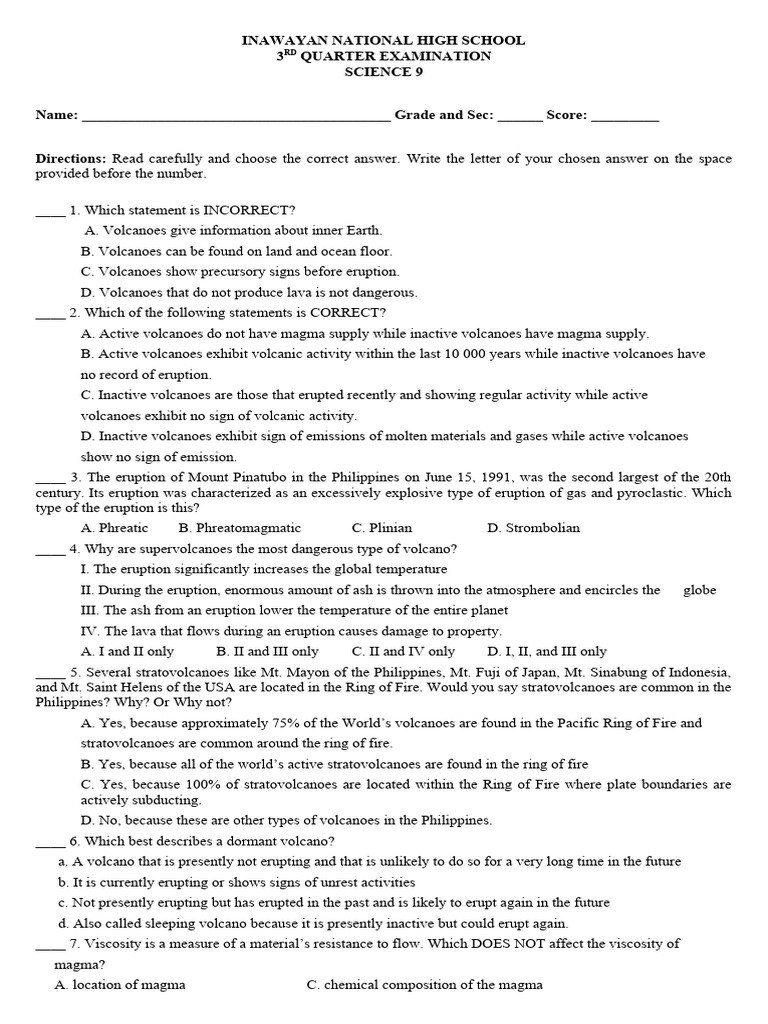 Science 9 Volcanoes and Climate Exam | PDF | Volcano | Types Of ...