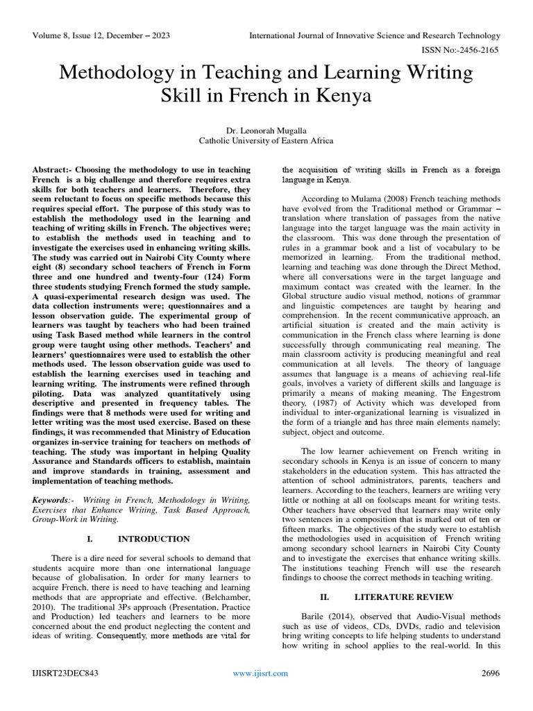 Methodology in Teaching and Learning Writing Skill in French in Kenya ...