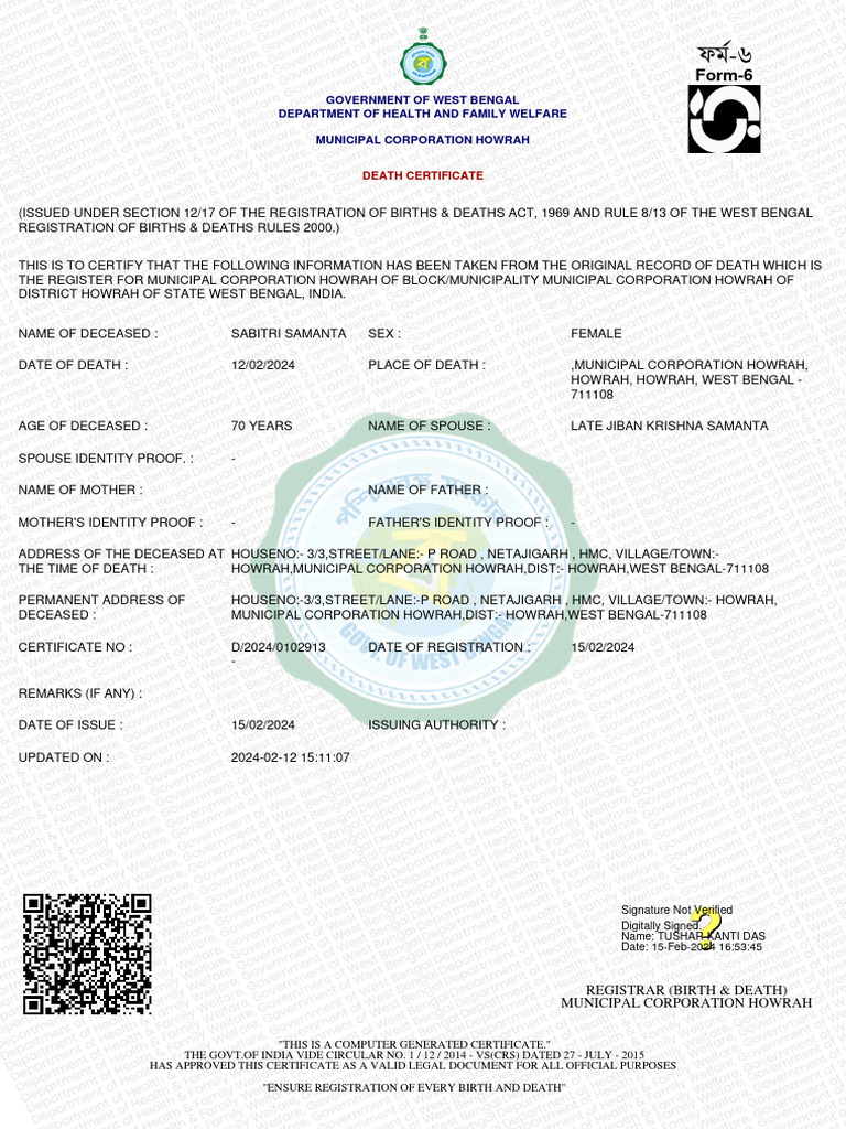 Howrah Death Certificate Form-6 | PDF