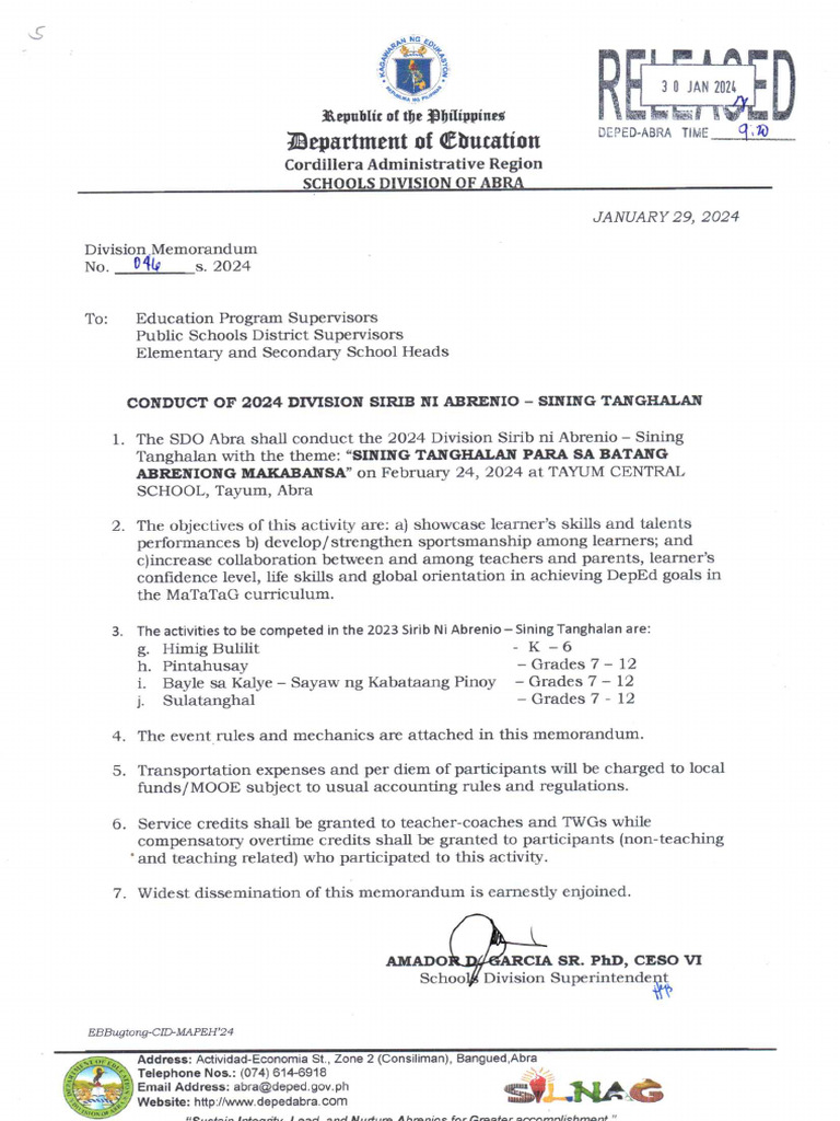 Memo on the division sirib ni abrenio sining tanghalan pdf