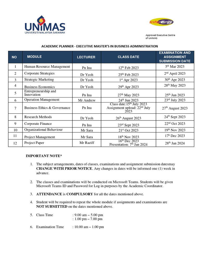 UniMAS MBA Academic Planner 2023 | PDF | Master Of Business ...