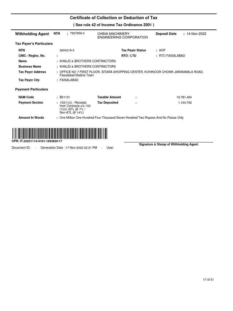 Tax Certificate for Khalid & Brothers | PDF