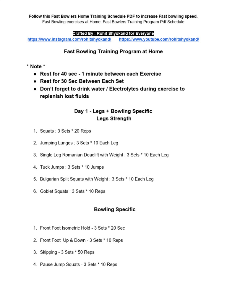 Fast Bowler Home Training Schedule | PDF | Bowling (Cricket) | Athletic ...