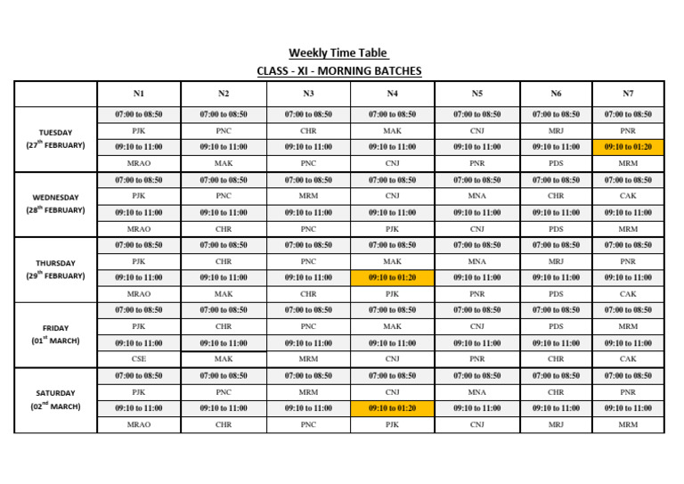 Class XI Morning Batch Timetable | PDF