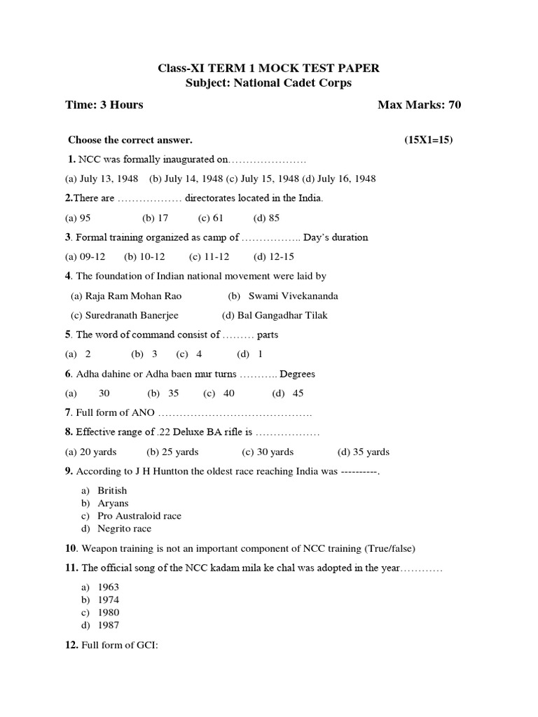 NCC Class 11 Term 1 Mock Test Paper | PDF | Military | Military ...