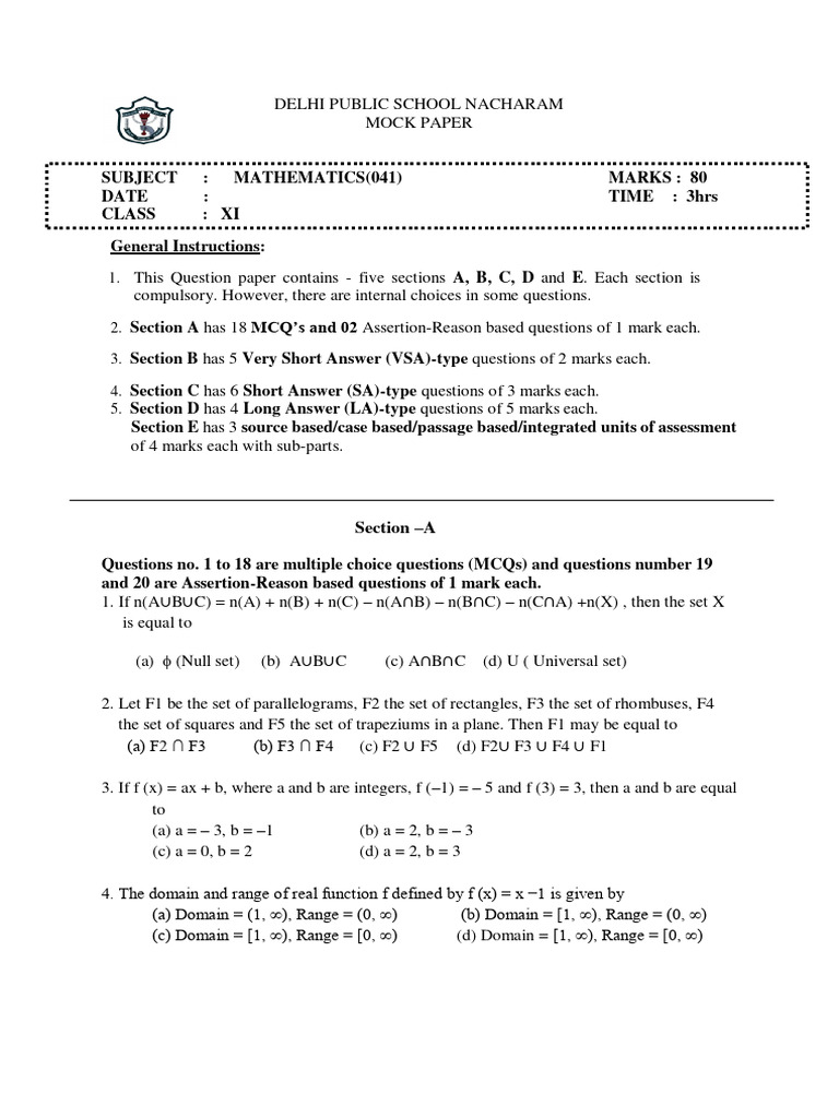 Math Mock Test Class 11 | PDF