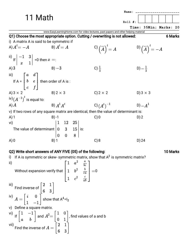 11 math test maker pdf matrix theory mathematical relations