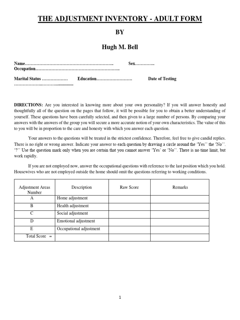 Bells Adjustment Inventory | PDF