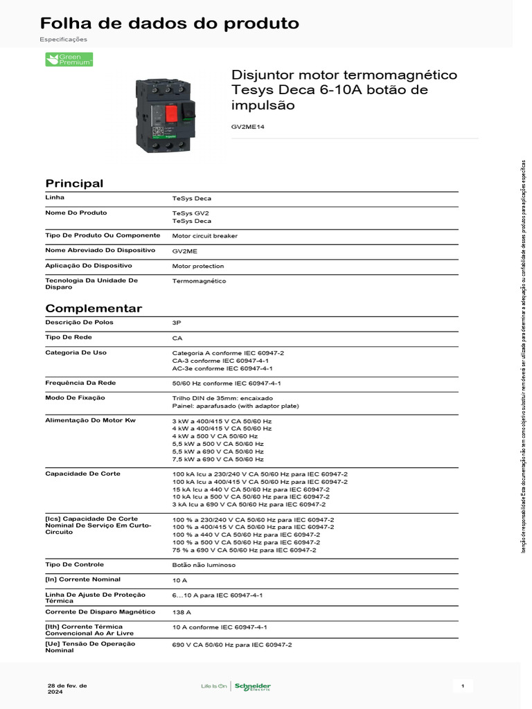 Schneider Electric - Disjuntor-motor-TeSys-Deca-frame-2 - GV2ME14 | PDF