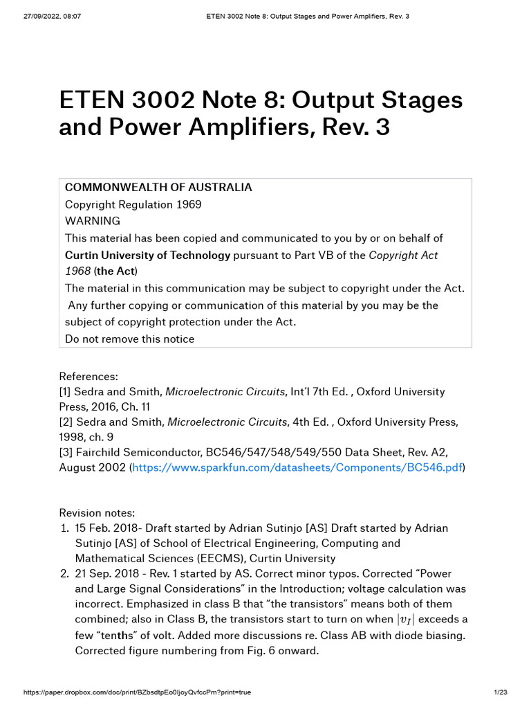 ETEN 3002 9 Note 8 - Output Stages and Power Amplifiers, Rev. 3 | PDF