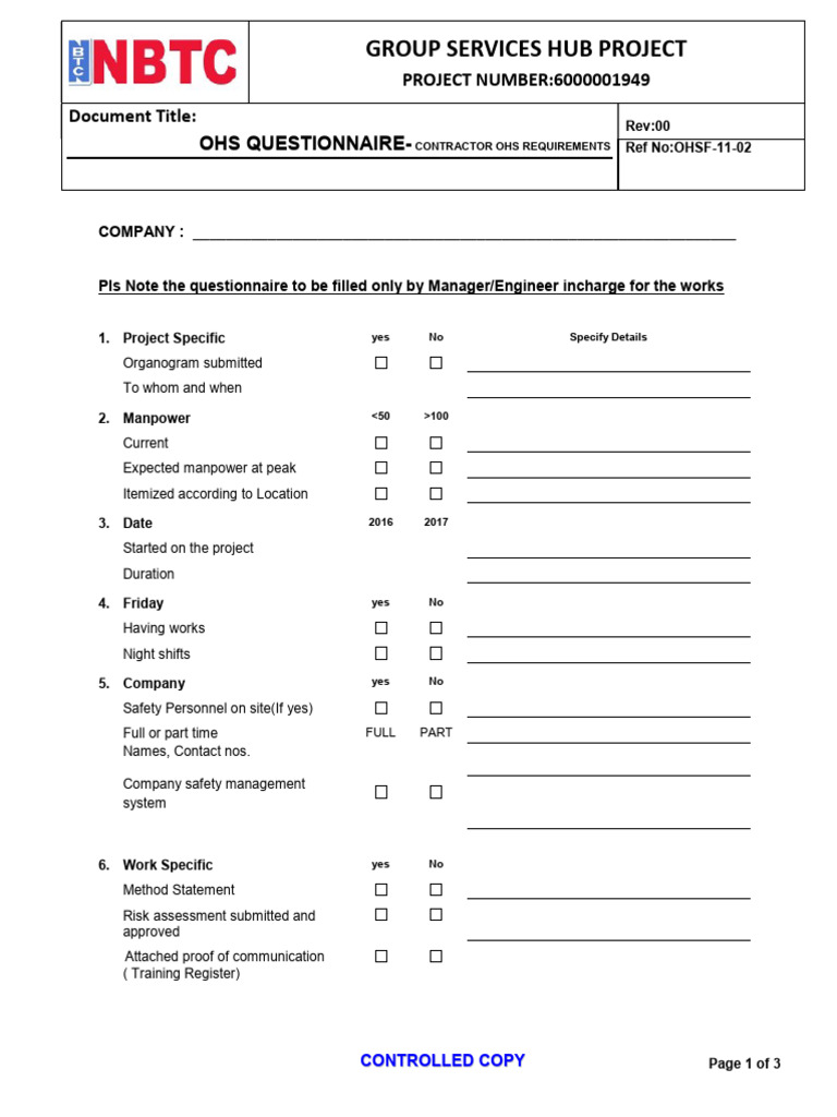 Contractor OHS Questionnaire Template | PDF
